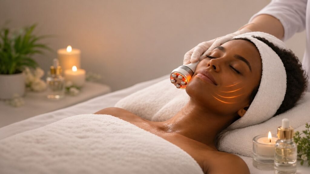 Radiofrequência facial em clínica de estética com atmosfera acolhedora
