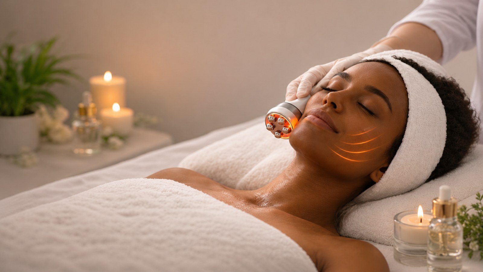 Radiofrequência facial em clínica de estética com atmosfera acolhedora
